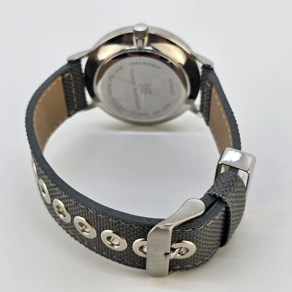 Men Analog Watch 41MM White Dial Date Gray Canvas Faux Leather Bands New Battery